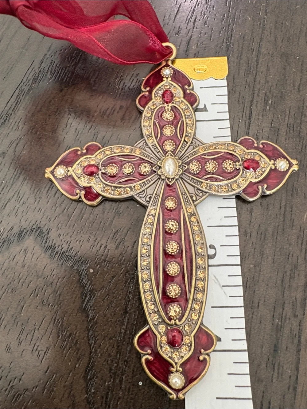 Vintage Ornate Red and Gold Cross Holiday Ornament - Unbranded